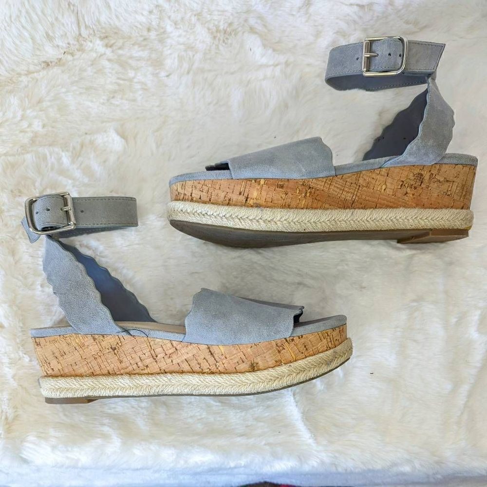 Marc Fisher Leather Sandals Dusty Blue Scallop Platform Espadrille Sandal Size 6